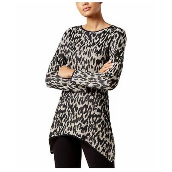 CLEO Tunic Sweater Gold & Black Knit Leopard Animal Pattern Assymmetrical Large - Picture 3 of 11